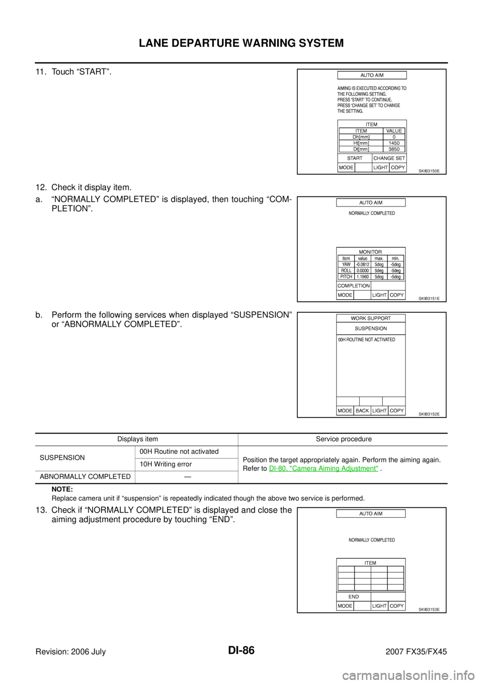 INFINITI FX35 2007  Service Manual DI-86
LANE DEPARTURE WARNING SYSTEM
Revision: 2006 July 2007 FX35/FX45
11. Touch “START”. 
12. Check it display item. 
a. “NORMALLY COMPLETED” is displayed, then touching “COM-  PLETION”. 