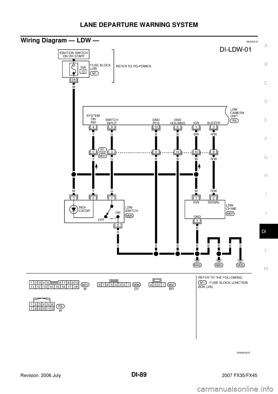INFINITI FX35 2007  Service Manual LANE DEPARTURE WARNING SYSTEM DI-89
C 
D  E 
F 
G  H 
I 
J 
L 
M  A 
B
DI 
Revision: 2006 July  2007 FX35/FX45
Wiring Diagram — LDW —NKS00318
TKWM4367E 