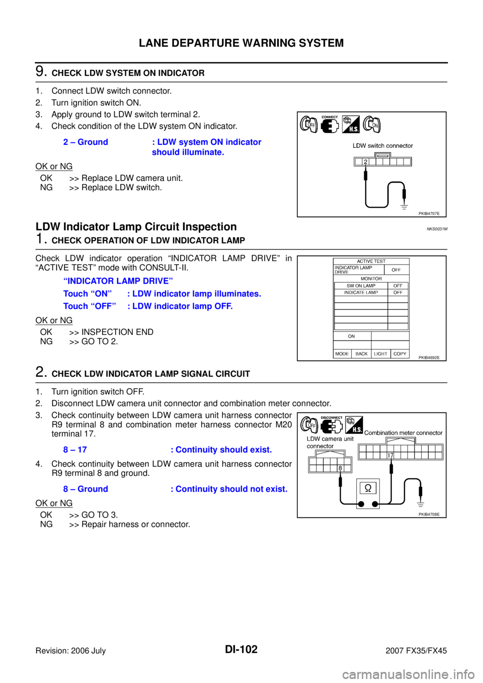 INFINITI FX35 2007 Service Manual DI-102
LANE DEPARTURE WARNING SYSTEM
Revision: 2006 July 2007 FX35/FX45
9. CHECK LDW SYSTEM ON INDICATOR
1. Connect LDW switch connector.
2. Turn ignition switch ON.
3. Apply ground to LDW switch te INFINITI FX35 2007 Service Manual DI-102
LANE DEPARTURE WARNING SYSTEM
Revision: 2006 July 2007 FX35/FX45
9. CHECK LDW SYSTEM ON INDICATOR
1. Connect LDW switch connector.
2. Turn ignition switch ON.
3. Apply ground to LDW switch te