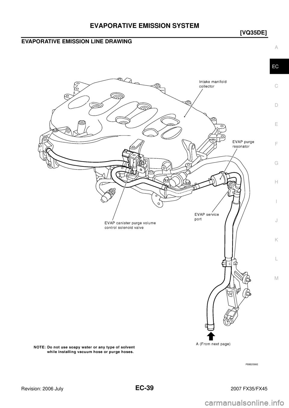 INFINITI FX35 2007  Service Manual EVAPORATIVE EMISSION SYSTEM EC-39
[VQ35DE]
C 
D  E 
F 
G  H 
I 
J 
K  L 
M  A
EC 
Revision: 2006 July  2007 FX35/FX45
EVAPORATIVE EMISSION LINE DRAWING
PBIB2096E 