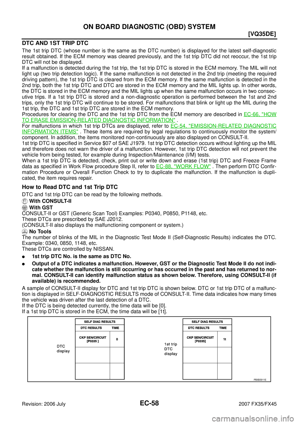 INFINITI FX35 2007  Service Manual EC-58
[VQ35DE]
ON BOARD DIAGNOSTIC (OBD) SYSTEM
Revision: 2006 July 2007 FX35/FX45
DTC AND 1ST TRIP DTC
The 1st trip DTC (whose number is the same as the DTC number) is displayed for the latest self-d