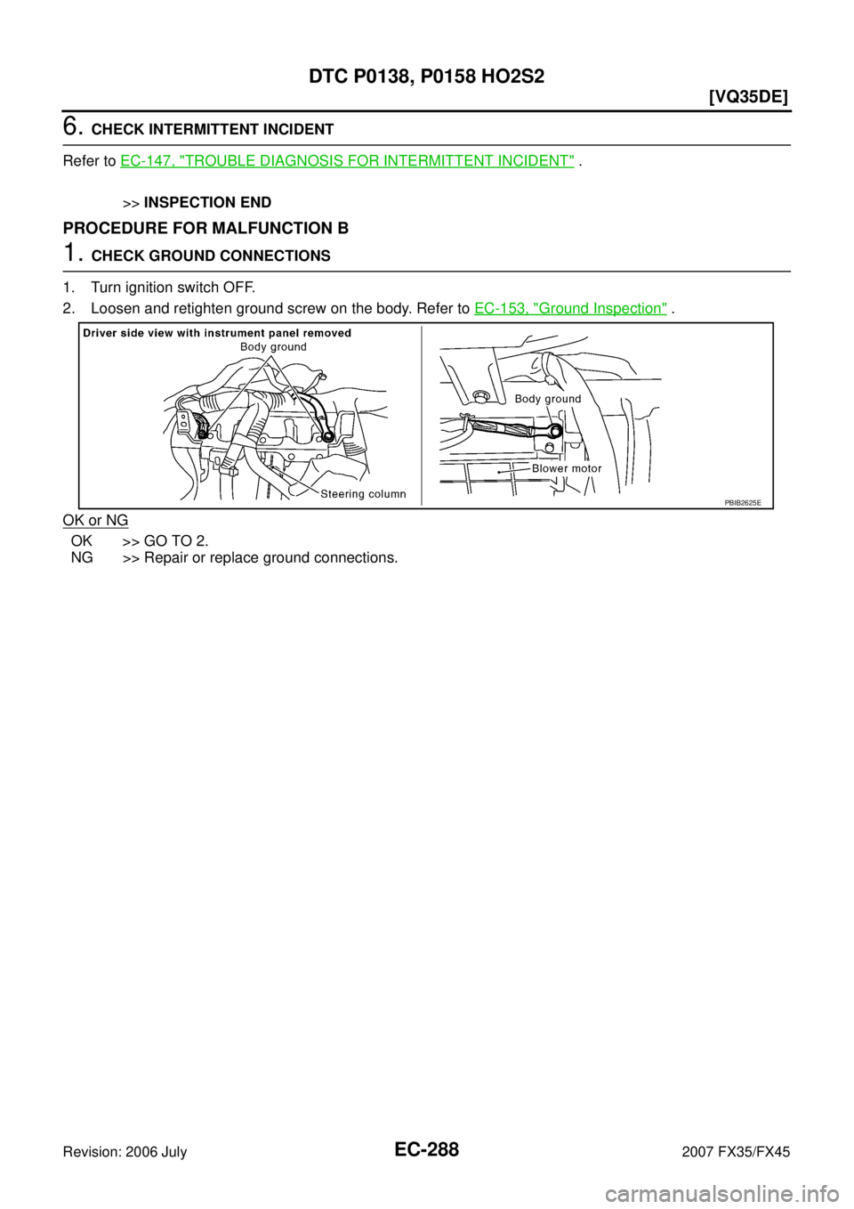 INFINITI FX35 2007  Service Manual EC-288
[VQ35DE]
DTC P0138, P0158 HO2S2
Revision: 2006 July 2007 FX35/FX45
6. CHECK INTERMITTENT INCIDENT 
Refer to   EC-147, "
TROUBLE DIAGNOSIS FOR INTERMITTENT INCIDENT" . 
>>  INSPECTION END
PROCED