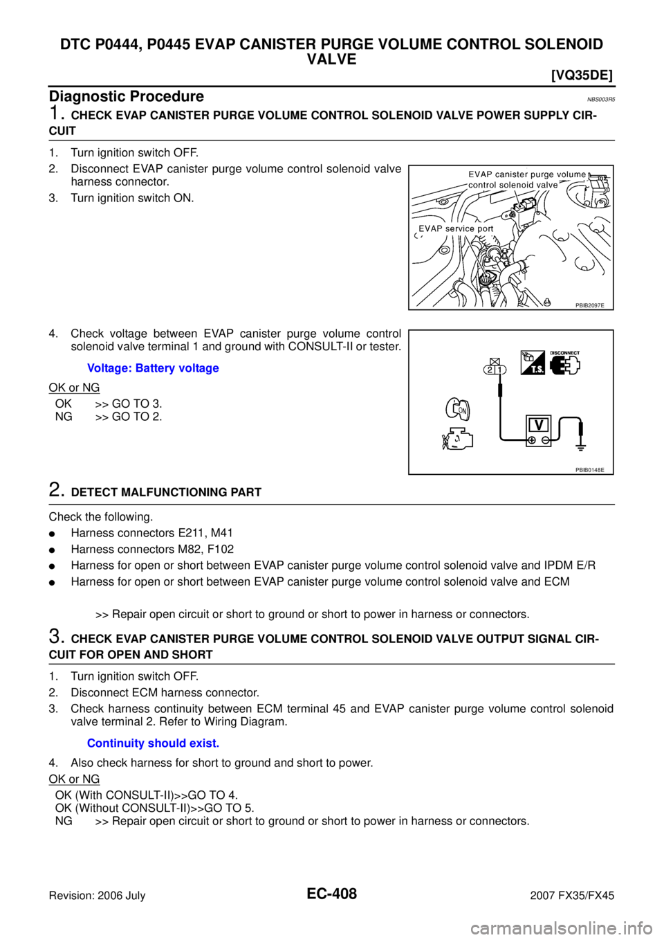 INFINITI FX35 2007  Service Manual EC-408
[VQ35DE]
DTC P0444, P0445 EVAP CANISTER PURGE VOLUME CONTROL SOLENOID  VALVE
Revision: 2006 July  2007 FX35/FX45
Diagnostic ProcedureNBS003R5
1. CHECK EVAP CANISTER PURGE VOLUME CONTROL SOLENOI