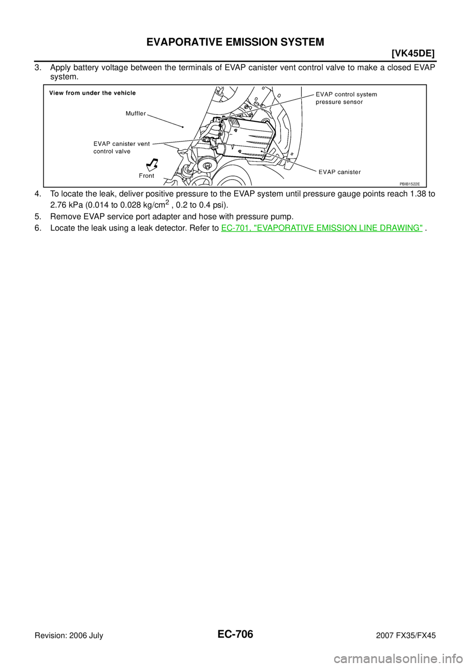 INFINITI FX35 2007  Service Manual EC-706
[VK45DE]
EVAPORATIVE EMISSION SYSTEM
Revision: 2006 July 2007 FX35/FX45
3. Apply battery voltage between the terminals of EVAP canister vent control valve to make a closed EVAP 
system. 
4. To 