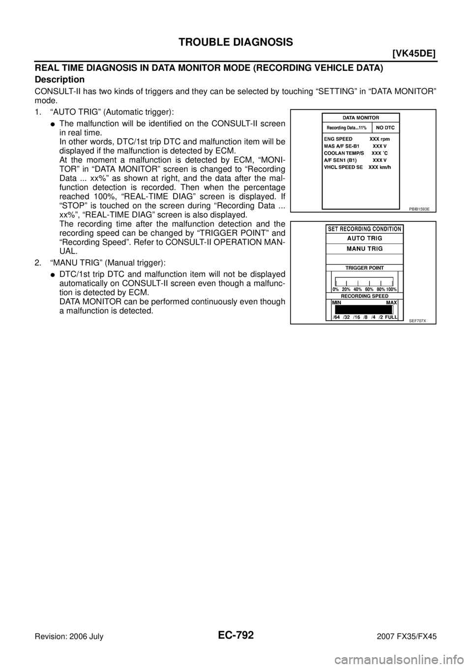 INFINITI FX35 2007  Service Manual EC-792
[VK45DE]
TROUBLE DIAGNOSIS
Revision: 2006 July 2007 FX35/FX45
REAL TIME DIAGNOSIS IN DATA MONITOR MODE (RECORDING VEHICLE DATA) 
Description
CONSULT-II has two kinds of triggers and they can be