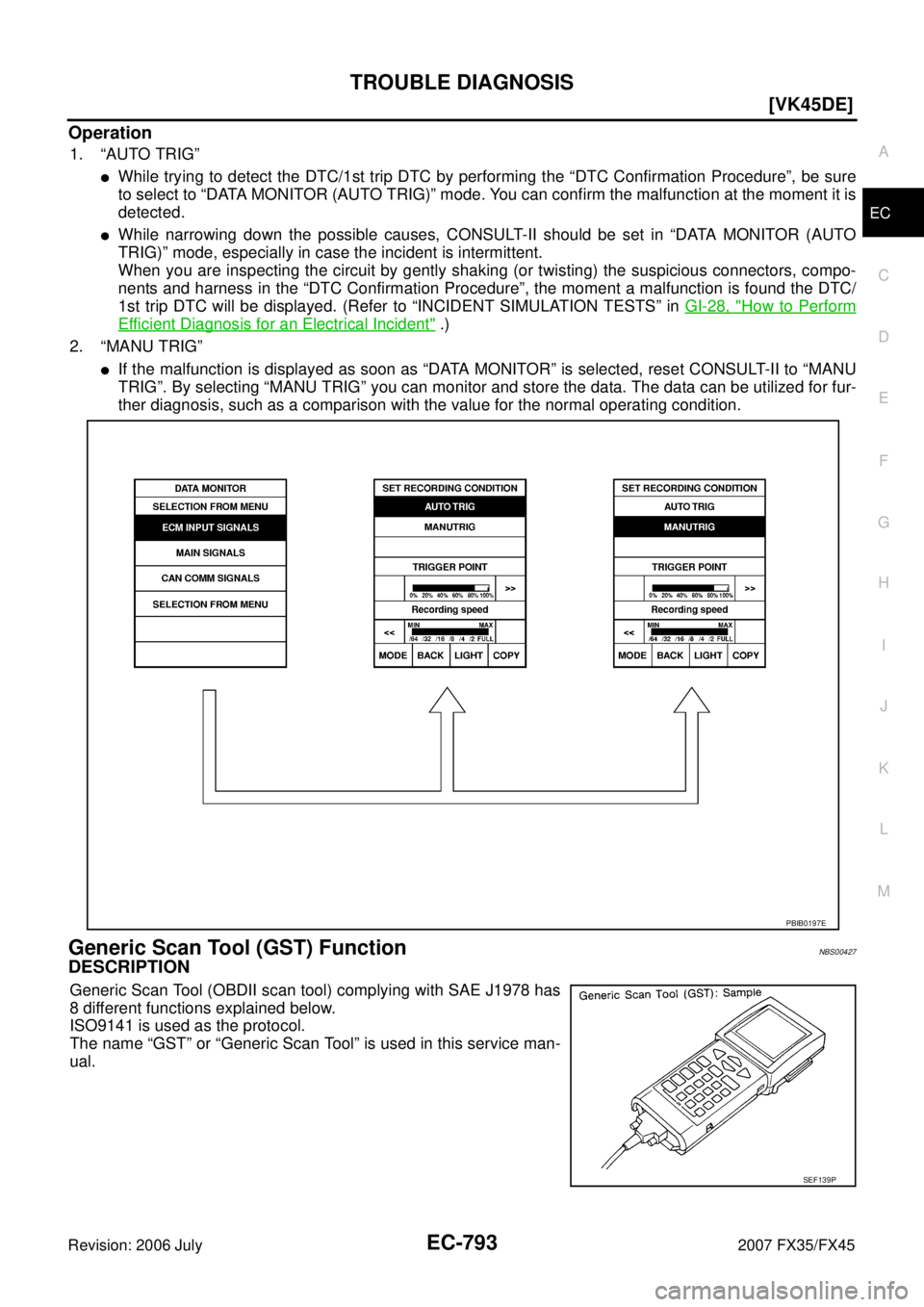 INFINITI FX35 2007  Service Manual TROUBLE DIAGNOSIS EC-793
[VK45DE]
C 
D  E 
F 
G  H 
I 
J 
K  L 
M  A
EC 
Revision: 2006 July  2007 FX35/FX45
Operation
1. “AUTO TRIG”
While trying to detect the DTC/1st trip DTC by performing the