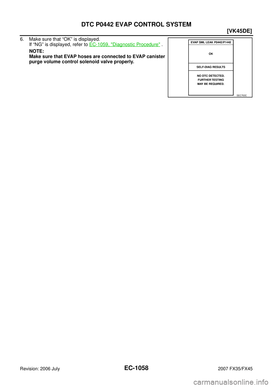 INFINITI FX35 2007  Service Manual EC-1058
[VK45DE]
DTC P0442 EVAP CONTROL SYSTEM
Revision: 2006 July 2007 FX35/FX45
6. Make sure that “OK” is displayed. 
If “NG” is displayed, refer to   EC-1059, "
Diagnostic Procedure" . 
NOT