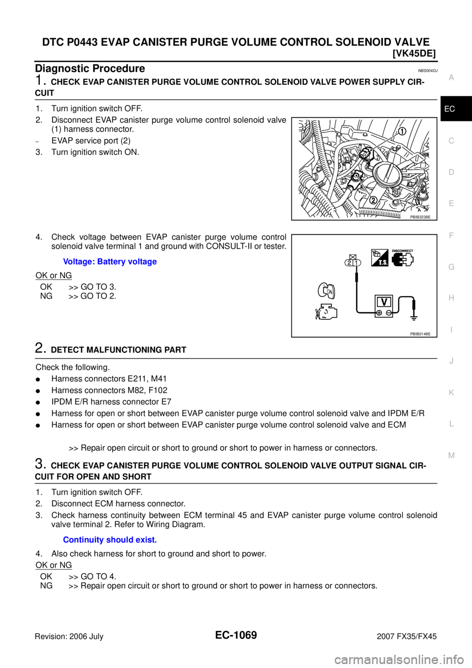 INFINITI FX35 2007  Service Manual DTC P0443 EVAP CANISTER PURGE VOLUME CONTROL SOLENOID VALVE EC-1069
[VK45DE]
C 
D  E 
F 
G  H 
I 
J 
K  L 
M  A
EC 
Revision: 2006 July  2007 FX35/FX45
Diagnostic ProcedureNBS004DJ
1. CHECK EVAP CANIS