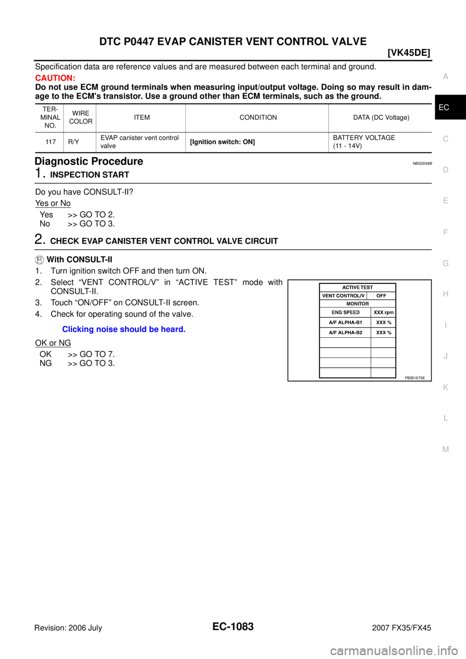 INFINITI FX35 2007  Service Manual DTC P0447 EVAP CANISTER VENT CONTROL VALVE EC-1083
[VK45DE]
C 
D  E 
F 
G  H 
I 
J 
K  L 
M  A
EC 
Revision: 2006 July  2007 FX35/FX45
Specification data are reference values and are measured between 