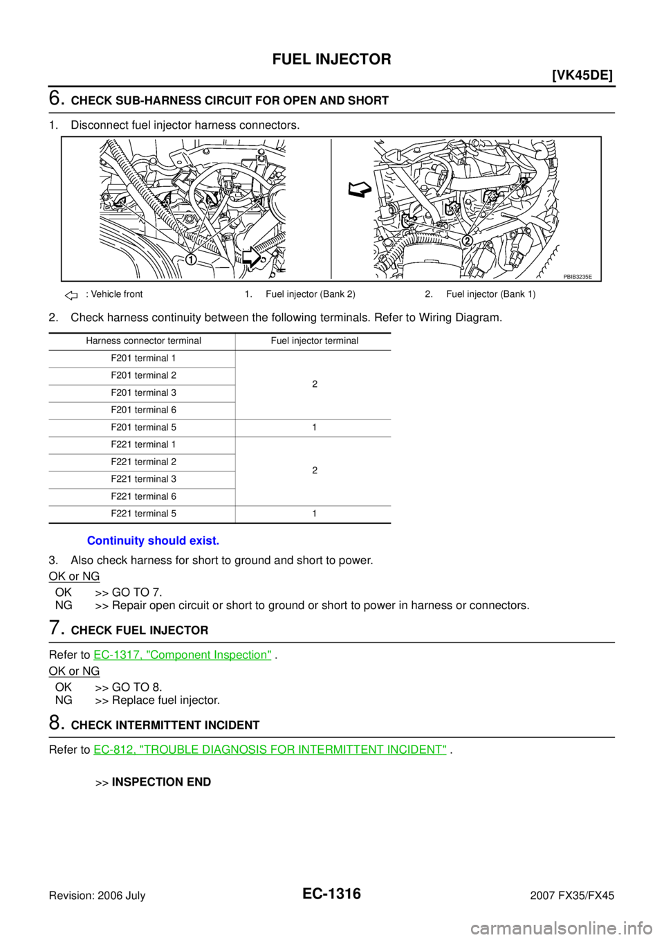 INFINITI FX35 2007  Service Manual EC-1316
[VK45DE]
FUEL INJECTOR
Revision: 2006 July 2007 FX35/FX45
6. CHECK SUB-HARNESS CIRCUIT FOR OPEN AND SHORT 
1. Disconnect fuel injector harness connectors. 
2. Check harness continuity between 