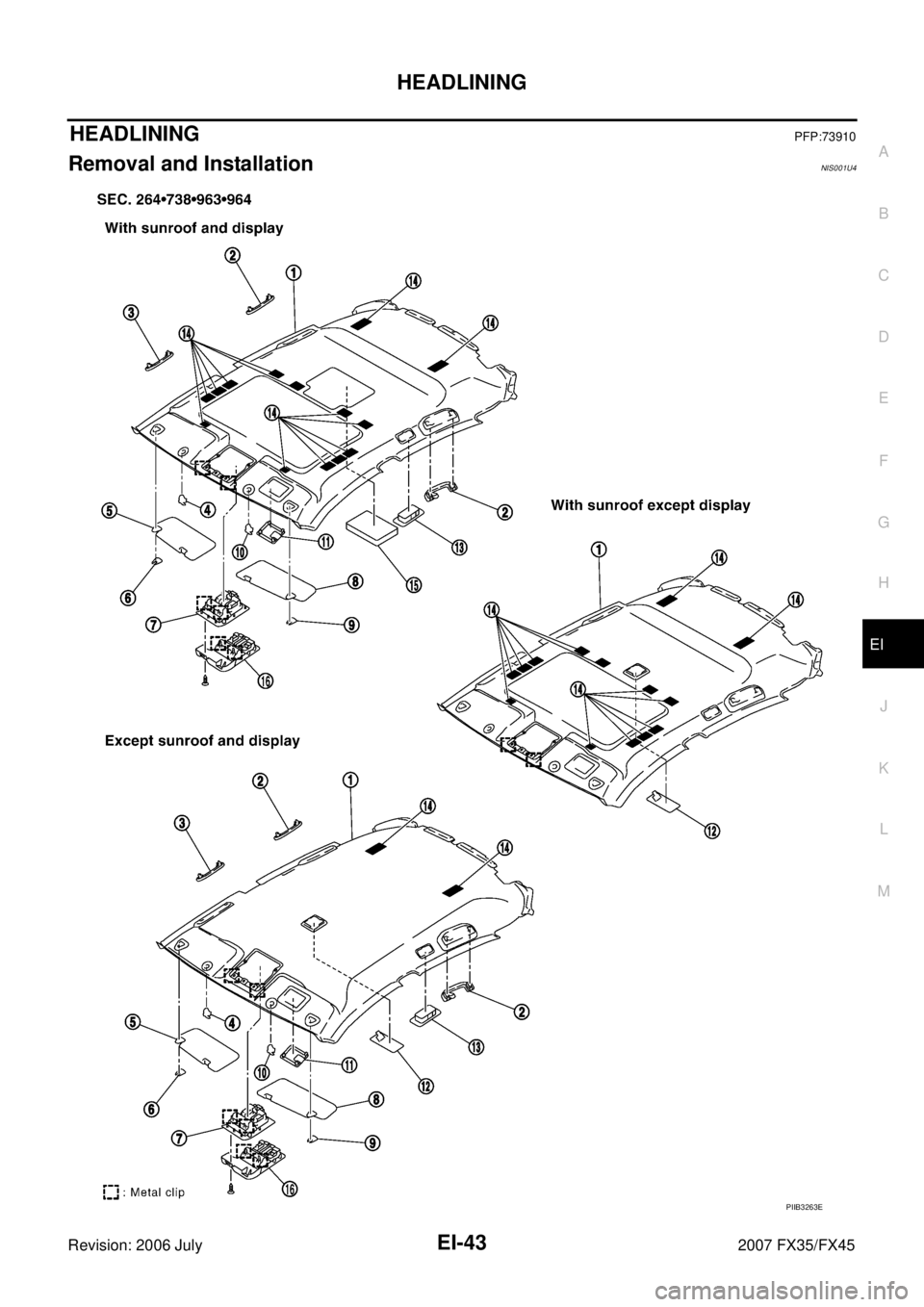 INFINITI FX35 2007 Service Manual HEADLINING EI-43
C
D E
F
G H
J
K L
M A
B
EI
Revision: 2006 July 2007 FX35/FX45
HEADLININGPFP:73910
Removal and InstallationNIS001U4
PIIB3263E INFINITI FX35 2007 Service Manual HEADLINING EI-43
C
D E
F
G H
J
K L
M A
B
EI
Revision: 2006 July 2007 FX35/FX45
HEADLININGPFP:73910
Removal and InstallationNIS001U4
PIIB3263E