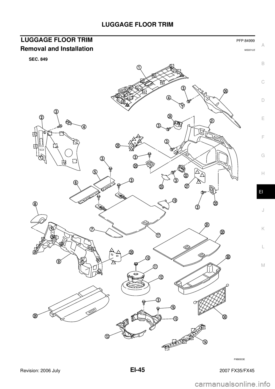 INFINITI FX35 2007 Service Manual LUGGAGE FLOOR TRIM EI-45
C
D E
F
G H
J
K L
M A
B
EI
Revision: 2006 July 2007 FX35/FX45
LUGGAGE FLOOR TRIMPFP:84999
Removal and InstallationNIS001U5
PIIB8503E INFINITI FX35 2007 Service Manual LUGGAGE FLOOR TRIM EI-45
C
D E
F
G H
J
K L
M A
B
EI
Revision: 2006 July 2007 FX35/FX45
LUGGAGE FLOOR TRIMPFP:84999
Removal and InstallationNIS001U5
PIIB8503E