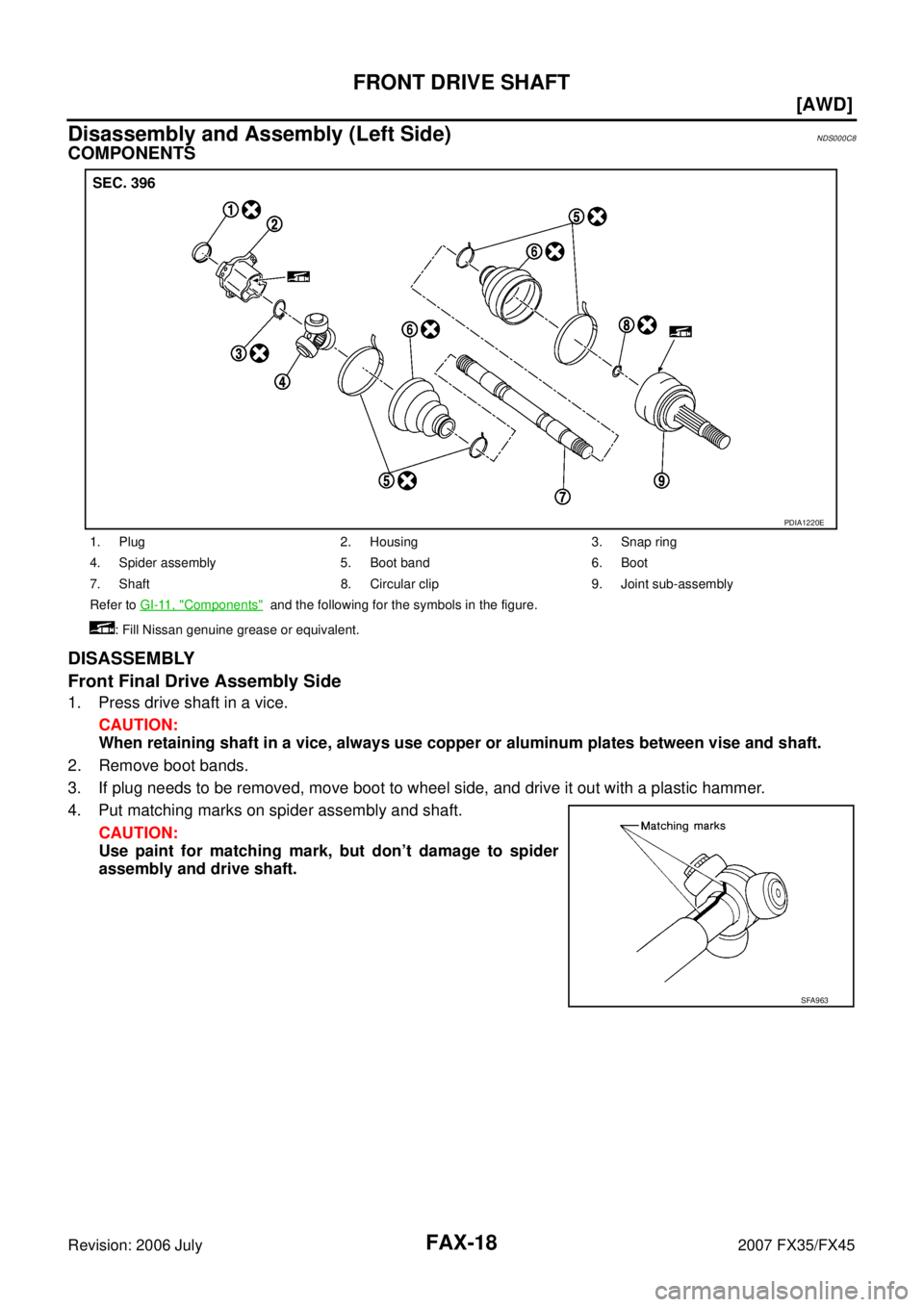 INFINITI FX35 2007 User Guide FAX-18
[AWD]
FRONT DRIVE SHAFT
Revision: 2006 July 2007 FX35/FX45
Disassembly and Assembly (Left Side)NDS000C8
COMPONENTS 
DISASSEMBLY 
Front Final Drive Assembly Side
1. Press drive shaft in a vice. 