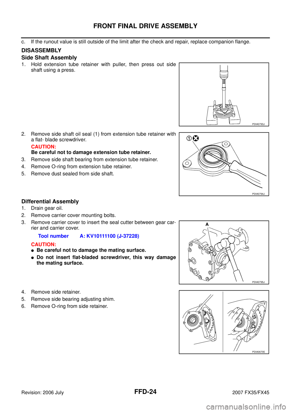 INFINITI FX35 2007 Workshop Manual FFD-24
FRONT FINAL DRIVE ASSEMBLY
Revision: 2006 July 2007 FX35/FX45
c. If the runout value is still outside of the limit after the check and repair, replace companion flange.
DISASSEMBLY 
Side Shaft 
