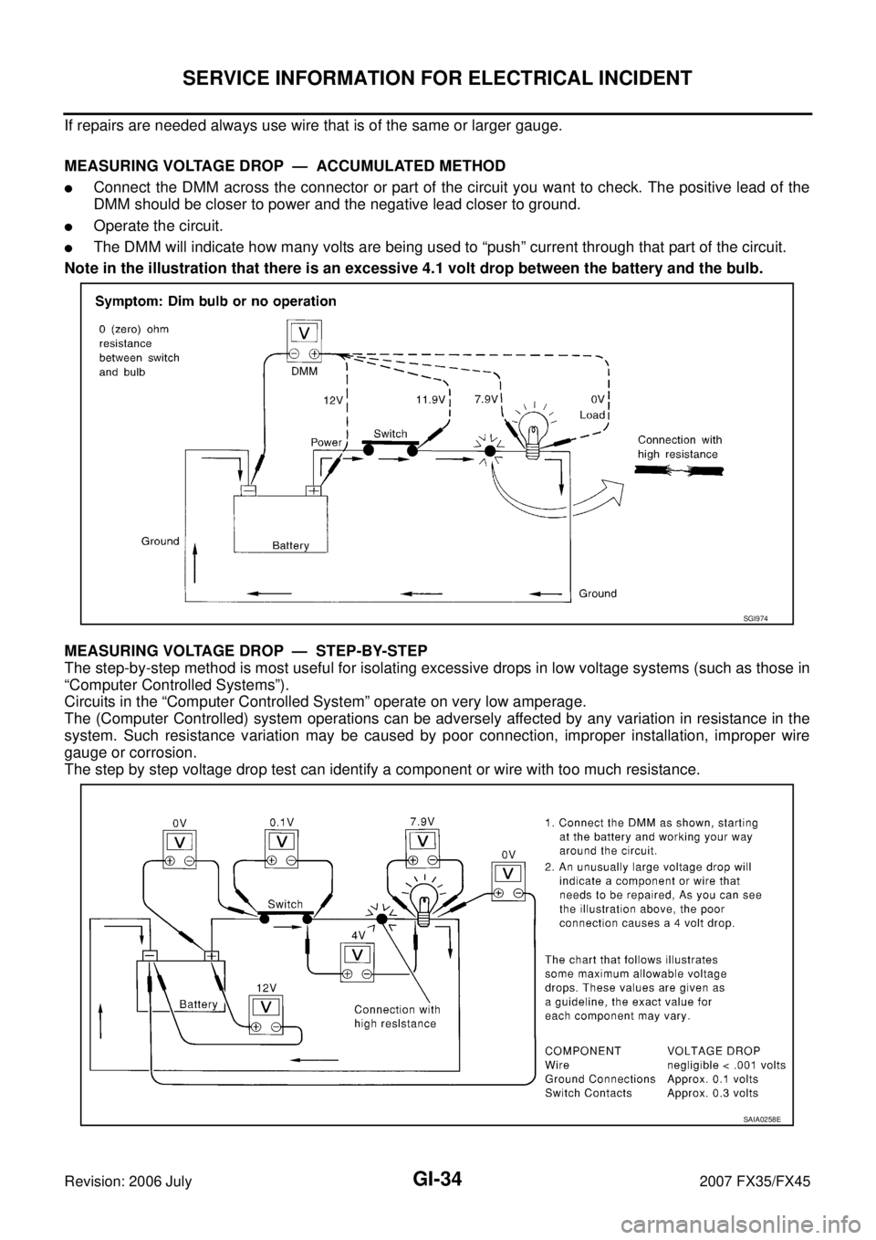 INFINITI FX35 2007 Service Manual GI-34
SERVICE INFORMATION FOR ELECTRICAL INCIDENT
Revision: 2006 July 2007 FX35/FX45
If repairs are needed always use wire that is of the same or larger gauge.
MEASURING VOLTAGE DROP — ACCUMULATE INFINITI FX35 2007 Service Manual GI-34
SERVICE INFORMATION FOR ELECTRICAL INCIDENT
Revision: 2006 July 2007 FX35/FX45
If repairs are needed always use wire that is of the same or larger gauge.
MEASURING VOLTAGE DROP — ACCUMULATE