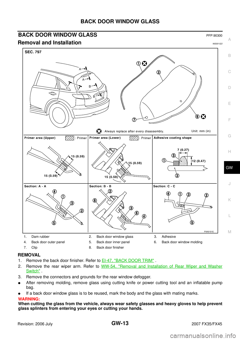 INFINITI FX35 2007  Service Manual BACK DOOR WINDOW GLASS GW-13
C 
D  E 
F 
G  H 
J 
K  L 
M  A 
B
GW 
Revision: 2006 July  2007 FX35/FX45
BACK DOOR WINDOW GLASSPFP:90300
Removal and InstallationNIS001QO
REMOVAL
1. Remove the back door