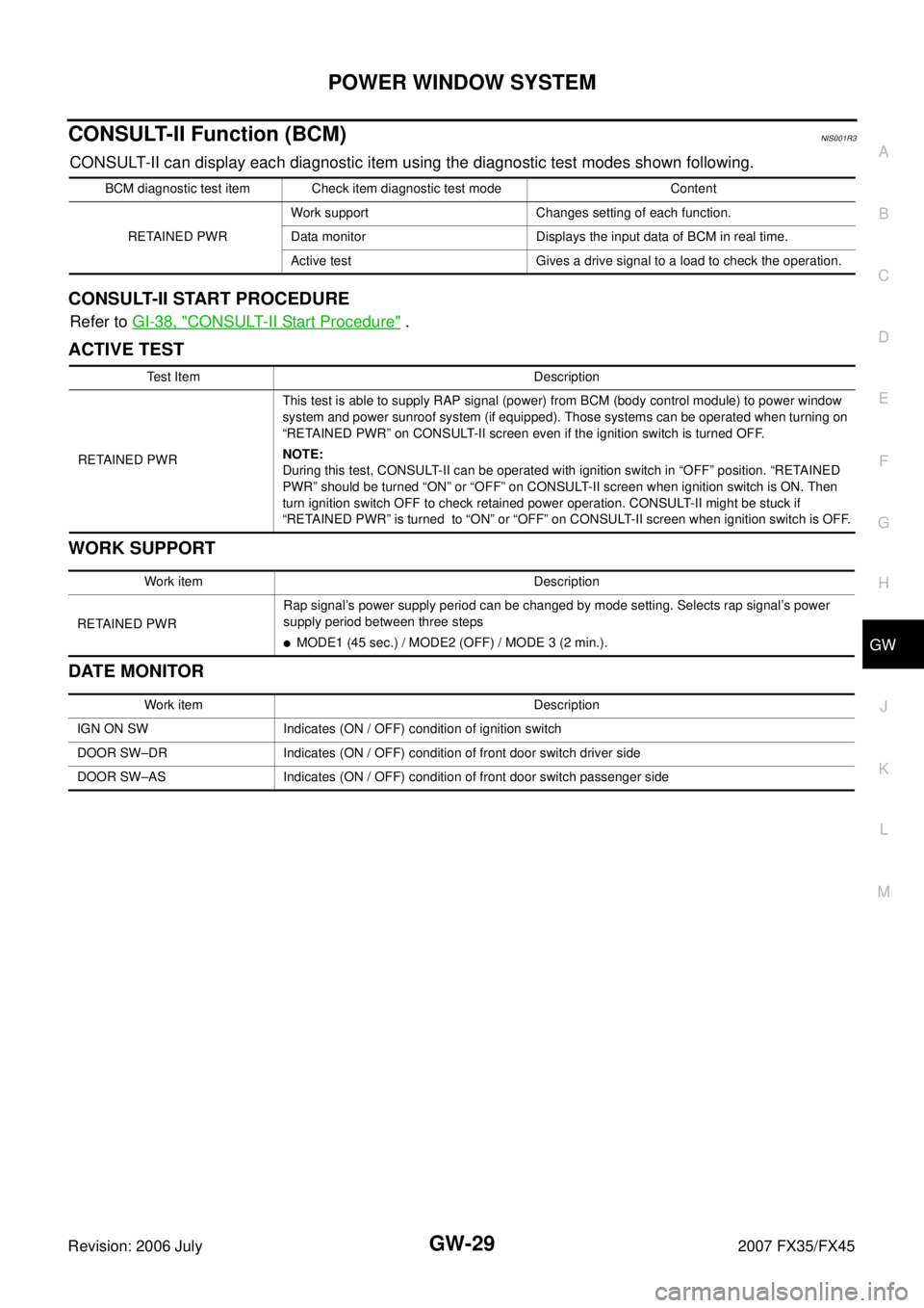 INFINITI FX35 2007  Service Manual POWER WINDOW SYSTEM GW-29
C 
D  E 
F 
G  H 
J 
K  L 
M  A 
B
GW 
Revision: 2006 July  2007 FX35/FX45
CONSULT-II Function (BCM)NIS001R3
CONSULT-II can display each diagnostic item using the diagnostic 