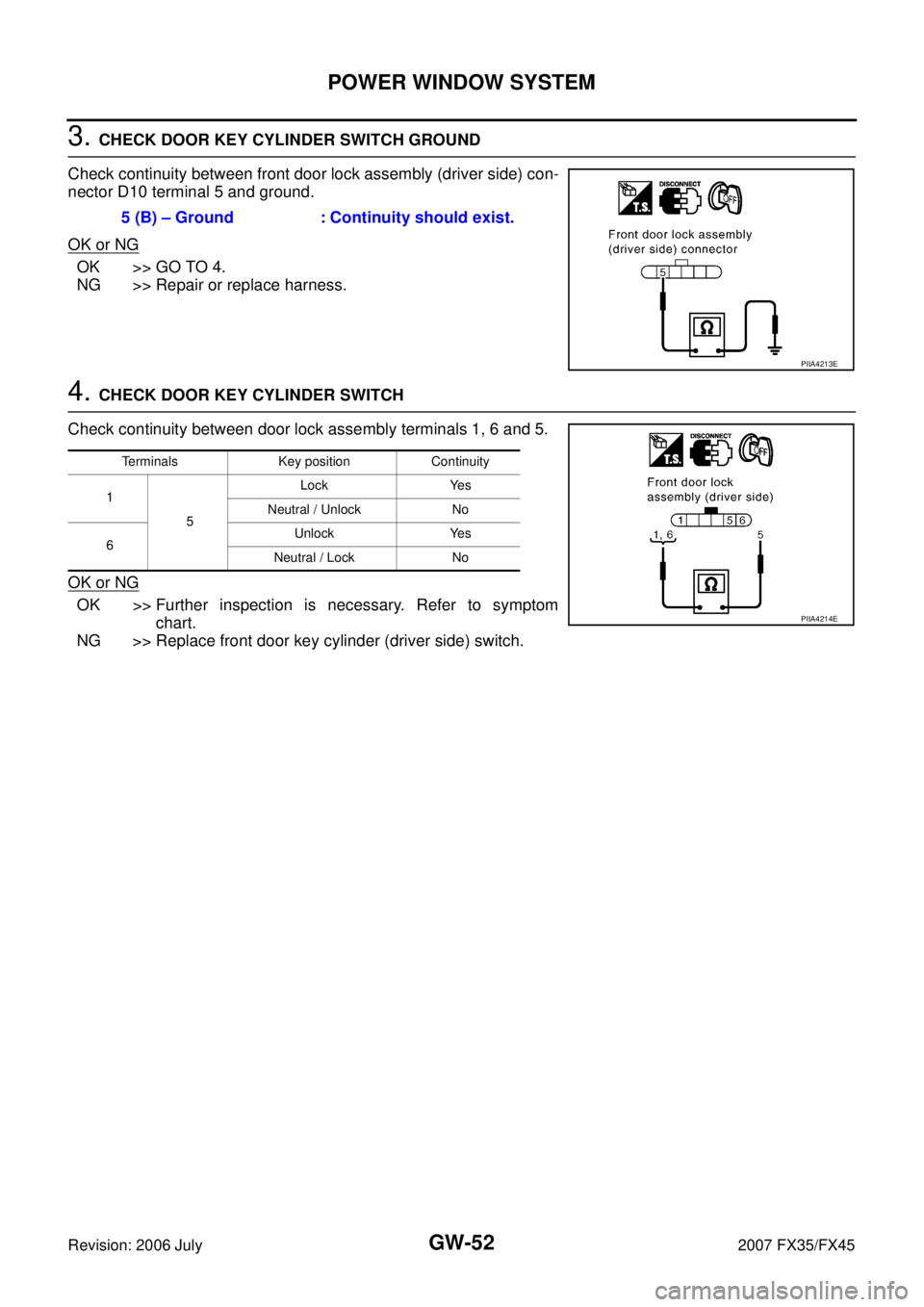 INFINITI FX35 2007 Service Manual GW-52
POWER WINDOW SYSTEM
Revision: 2006 July 2007 FX35/FX45
3. CHECK DOOR KEY CYLINDER SWITCH GROUND
Check continuity between front door lock assembly (driver side) con-
nector D10 terminal 5 and INFINITI FX35 2007 Service Manual GW-52
POWER WINDOW SYSTEM
Revision: 2006 July 2007 FX35/FX45
3. CHECK DOOR KEY CYLINDER SWITCH GROUND
Check continuity between front door lock assembly (driver side) con-
nector D10 terminal 5 and