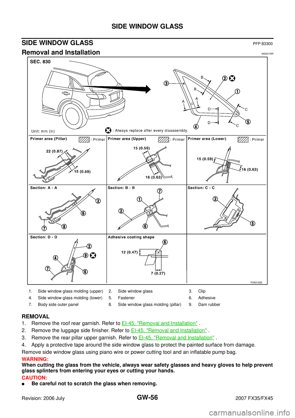 INFINITI FX35 2007  Service Manual GW-56
SIDE WINDOW GLASS
Revision: 2006 July 2007 FX35/FX45
SIDE WINDOW GLASSPFP:83300
Removal and InstallationNIS001RR
REMOVAL
1. Remove the roof rear garnish. Refer to EI-45, "Removal and Installatio