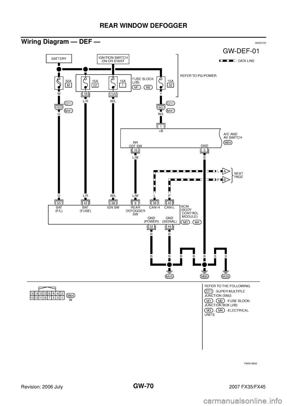 INFINITI FX35 2007  Service Manual GW-70
REAR WINDOW DEFOGGER
Revision: 2006 July 2007 FX35/FX45
Wiring Diagram — DEF — NIS001S5
TIWM1685E 