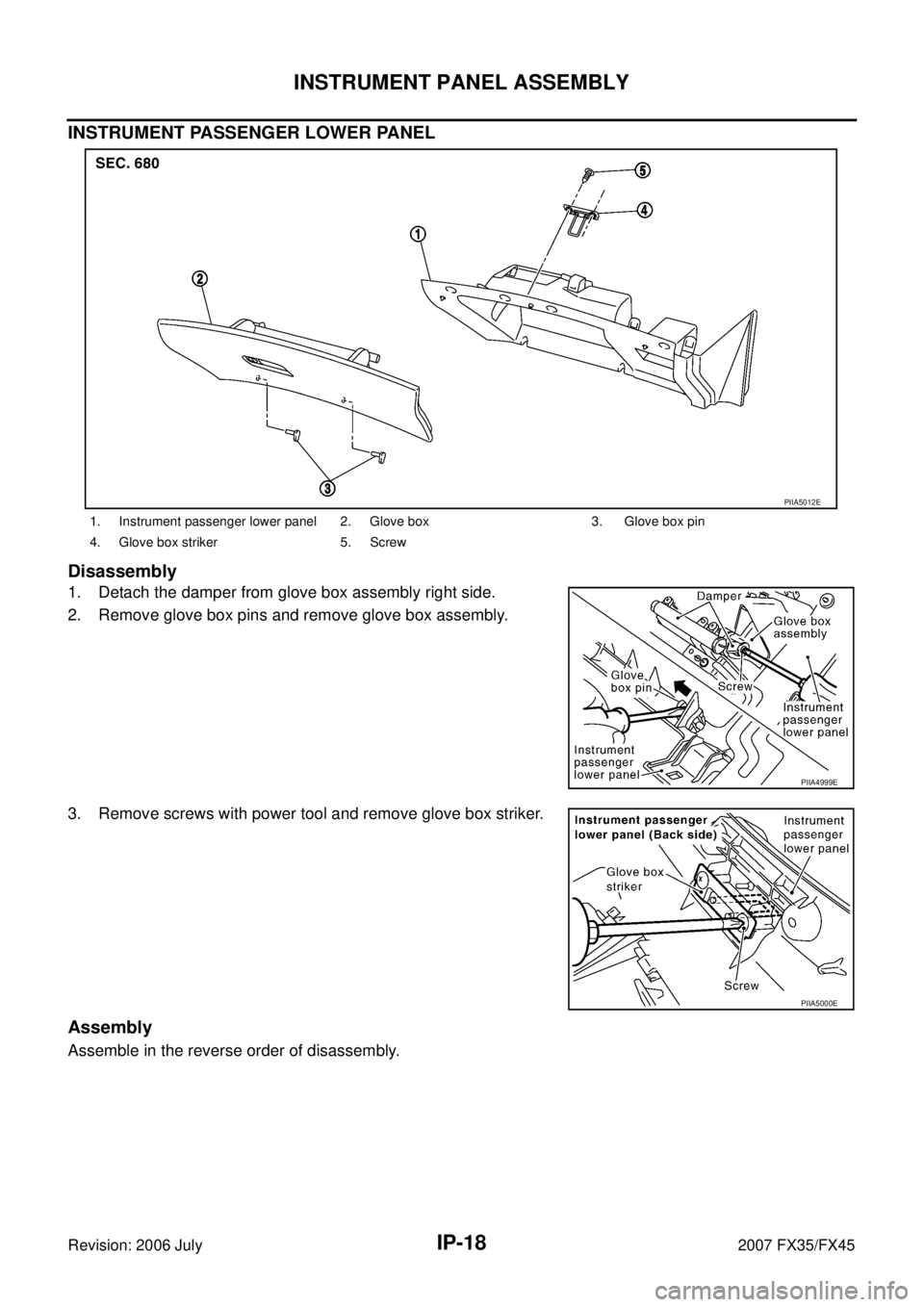 INFINITI FX35 2007  Service Manual IP-18
INSTRUMENT PANEL ASSEMBLY
Revision: 2006 July 2007 FX35/FX45
INSTRUMENT PASSENGER LOWER PANEL 
Disassembly
1. Detach the damper from glove box assembly right side. 
2. Remove glove box pins and 
