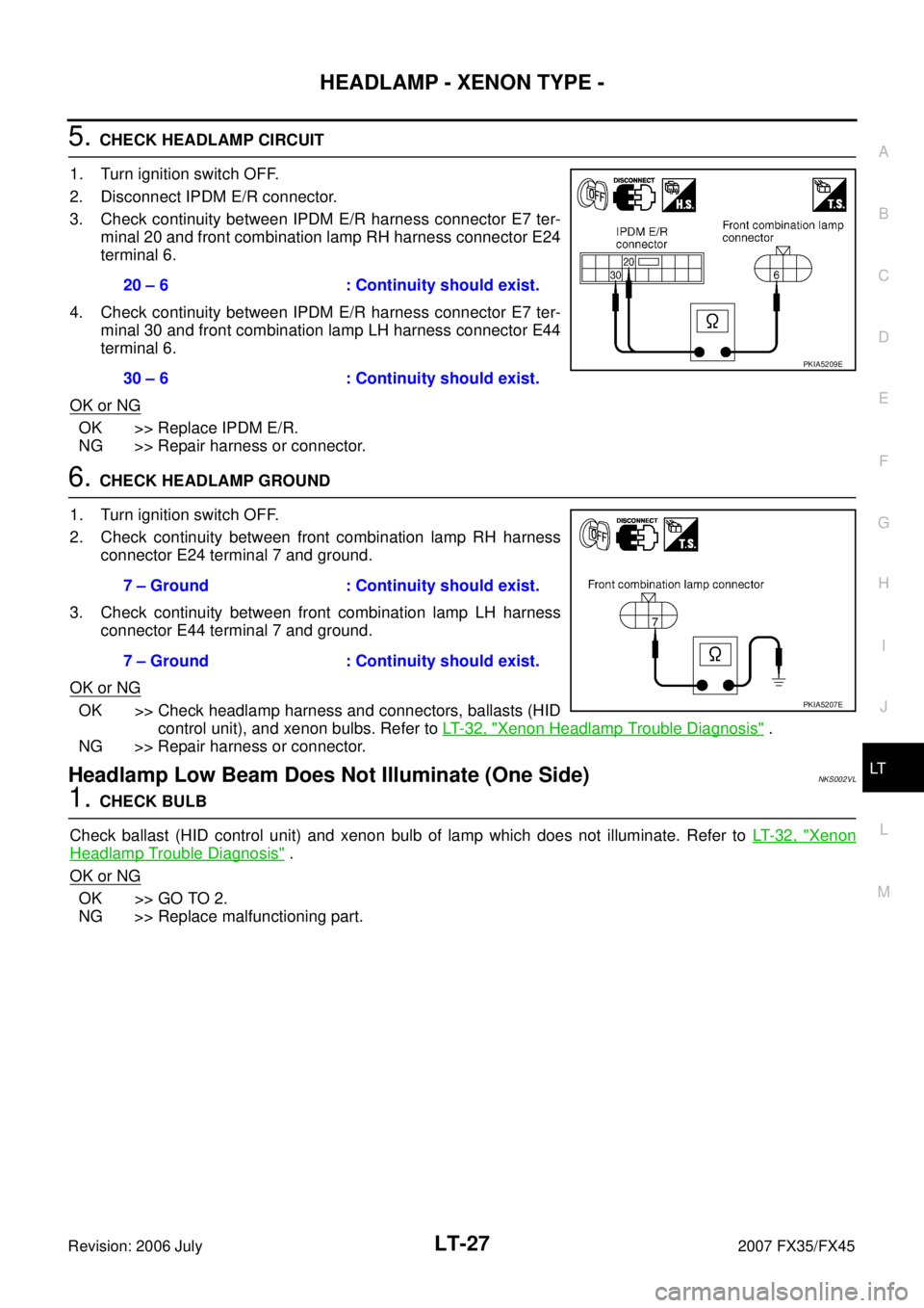 INFINITI FX35 2007  Service Manual HEADLAMP - XENON TYPE - LT-27
C 
D  E 
F 
G  H 
I 
J 
L 
M  A 
B
LT 
Revision: 2006 July  2007 FX35/FX45
5. CHECK HEADLAMP CIRCUIT  
1. Turn ignition switch OFF. 
2. Disconnect IPDM E/R connector.
3. 