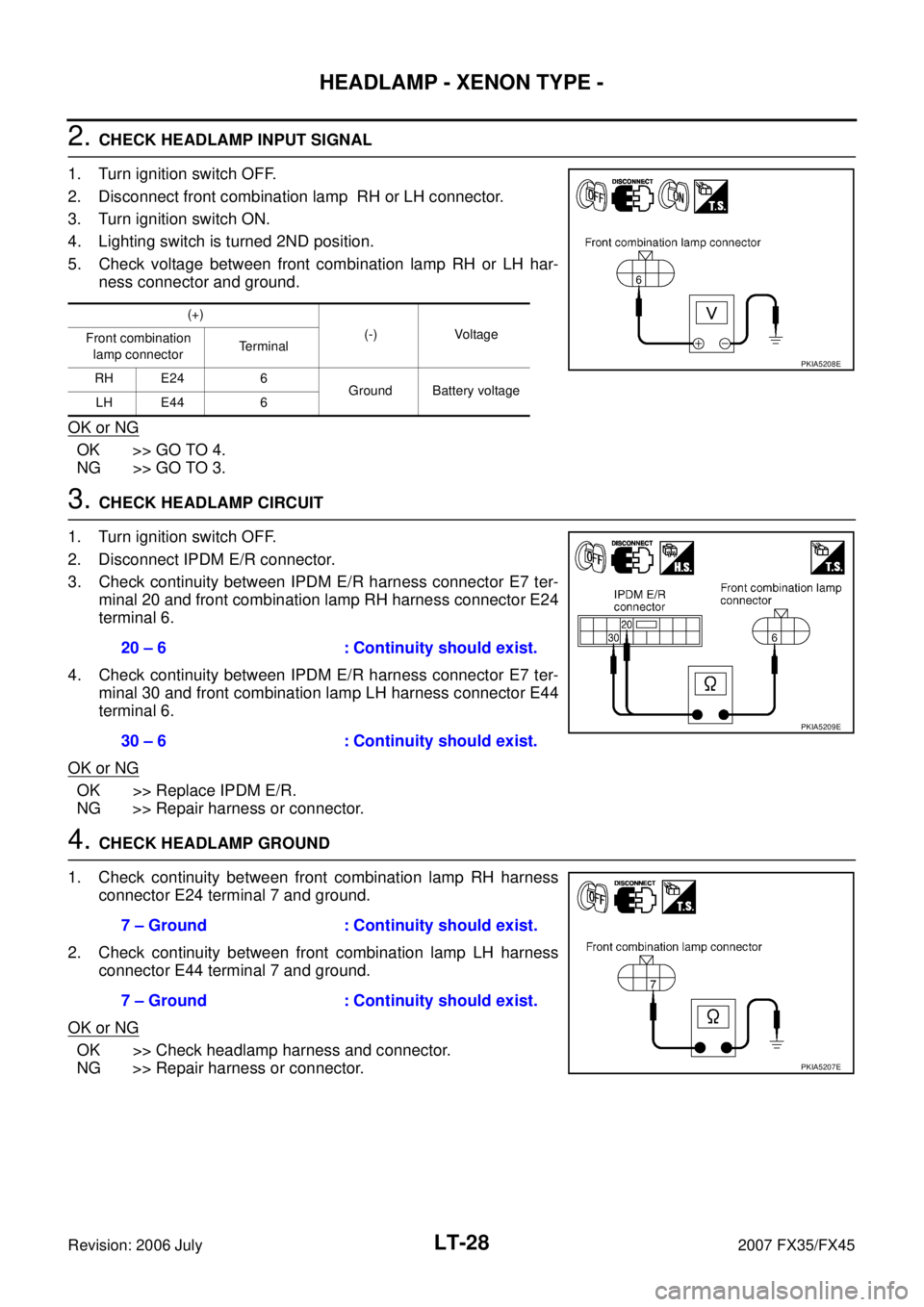 INFINITI FX35 2007  Service Manual LT-28
HEADLAMP - XENON TYPE -
Revision: 2006 July 2007 FX35/FX45
2. CHECK HEADLAMP INPUT SIGNAL  
1. Turn ignition switch OFF. 
2. Disconnect front combination lamp  RH or LH connector.
3. Turn igniti
