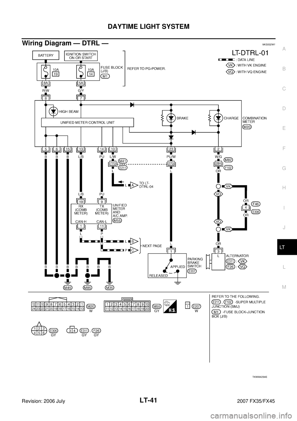 INFINITI FX35 2007  Service Manual DAYTIME LIGHT SYSTEM LT-41
C 
D  E 
F 
G  H 
I 
J 
L 
M  A 
B
LT 
Revision: 2006 July  2007 FX35/FX45
Wiring Diagram — DTRL —NKS002W1
TKWM4294E 
