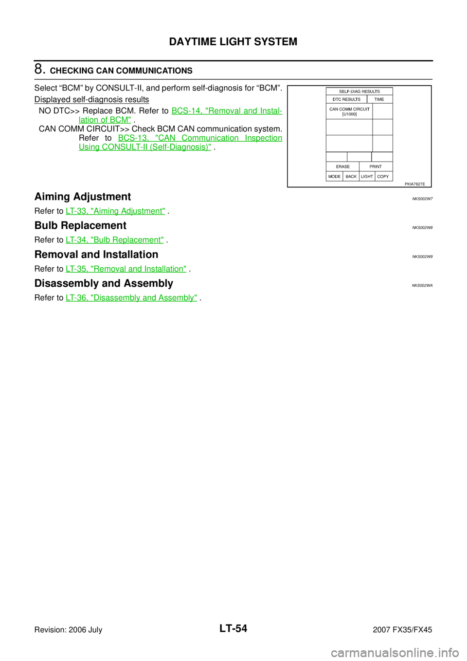 INFINITI FX35 2007  Service Manual LT-54
DAYTIME LIGHT SYSTEM
Revision: 2006 July 2007 FX35/FX45
8. CHECKING CAN COMMUNICATIONS  
Select “BCM” by CONSULT-II, and perform self-diagnosis for “BCM”. 
Displayed self
-diagnosis resu
