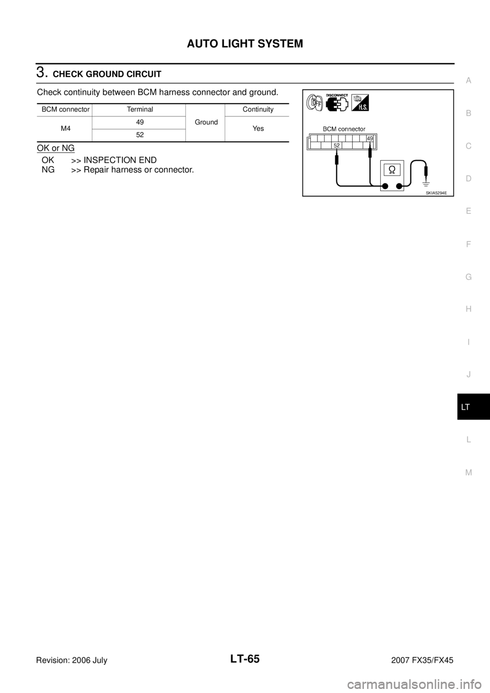 INFINITI FX35 2007 Service Manual AUTO LIGHT SYSTEM LT-65
C
D E
F
G H
I
J
L
M A
B
LT
Revision: 2006 July 2007 FX35/FX45
3. CHECK GROUND CIRCUIT
Check continuity between BCM harness connector and ground.
OK or NG
OK >> I INFINITI FX35 2007 Service Manual AUTO LIGHT SYSTEM LT-65
C
D E
F
G H
I
J
L
M A
B
LT
Revision: 2006 July 2007 FX35/FX45
3. CHECK GROUND CIRCUIT
Check continuity between BCM harness connector and ground.
OK or NG
OK >> I