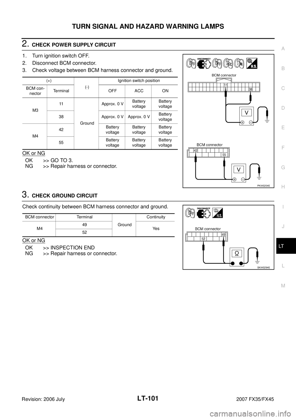 INFINITI FX35 2007  Service Manual TURN SIGNAL AND HAZARD WARNING LAMPS LT-101
C 
D  E 
F 
G  H 
I 
J 
L 
M  A 
B
LT 
Revision: 2006 July  2007 FX35/FX45
2. CHECK POWER SUPPLY CIRCUIT  
1. Turn ignition switch OFF. 
2. Disconnect BCM c
