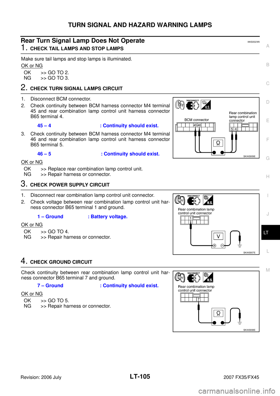 INFINITI FX35 2007  Service Manual TURN SIGNAL AND HAZARD WARNING LAMPS LT-105
C 
D  E 
F 
G  H 
I 
J 
L 
M  A 
B
LT 
Revision: 2006 July  2007 FX35/FX45
Rear Turn Signal Lamp Does Not OperateNKS002XN
1. CHECK TAIL LAMPS AND STOP LAMPS