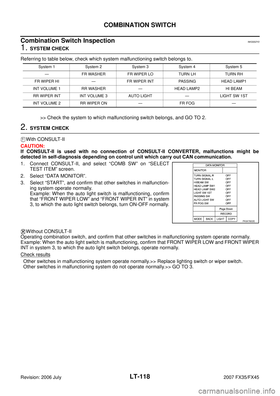 INFINITI FX35 2007  Service Manual LT-118
COMBINATION SWITCH
Revision: 2006 July 2007 FX35/FX45
Combination Switch InspectionNKS002Y0
1. SYSTEM CHECK 
Referring to table below, check which system malfunctioning switch belongs to. 
>> C