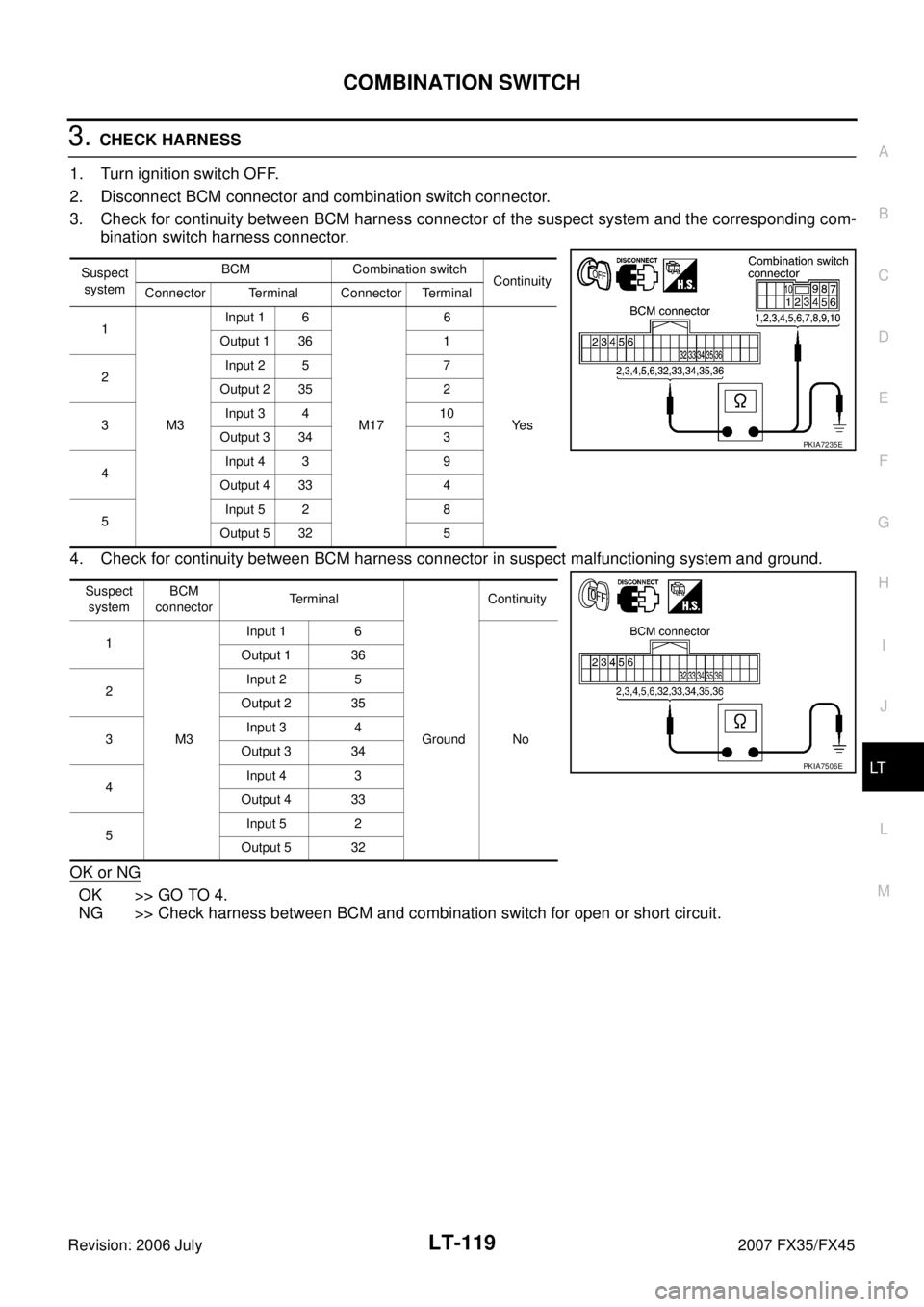 INFINITI FX35 2007  Service Manual COMBINATION SWITCH LT-119
C 
D  E 
F 
G  H 
I 
J 
L 
M  A 
B
LT 
Revision: 2006 July  2007 FX35/FX45
3. CHECK HARNESS 
1. Turn ignition switch OFF. 
2. Disconnect BCM connector and combination switch 