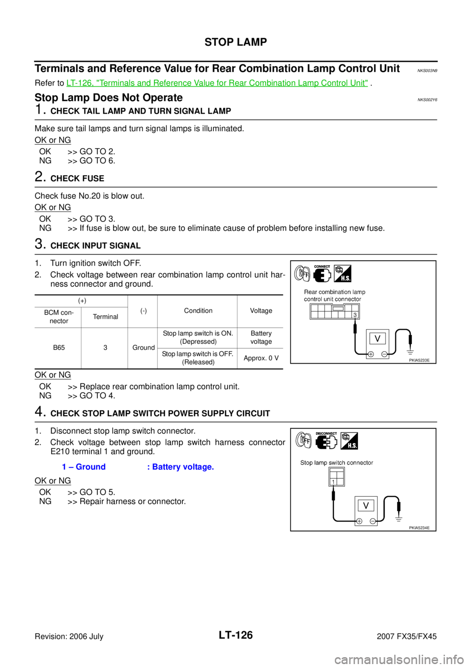 INFINITI FX35 2007  Service Manual LT-126
STOP LAMP
Revision: 2006 July 2007 FX35/FX45
Terminals and Reference Value for Rear Combination Lamp Control UnitNKS003N9
Refer to LT- 1 2 6 ,  "Terminals and Reference Value for Rear Combinati