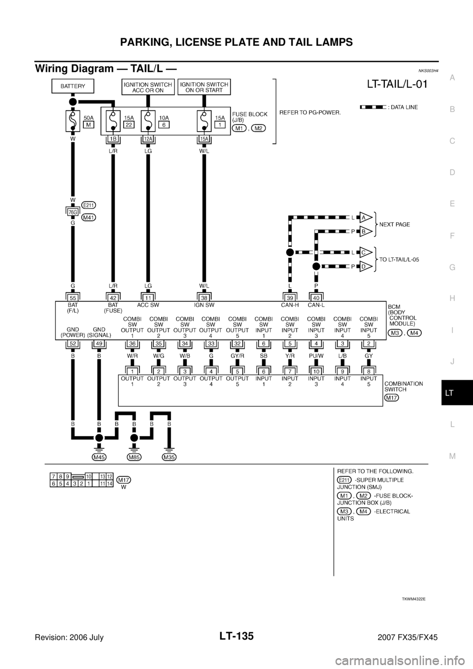 INFINITI FX35 2007  Service Manual PARKING, LICENSE PLATE AND TAIL LAMPS LT-135
C 
D  E 
F 
G  H 
I 
J 
L 
M  A 
B
LT 
Revision: 2006 July  2007 FX35/FX45
Wiring Diagram — TAIL/L —NKS003H4
TKWM4322E 