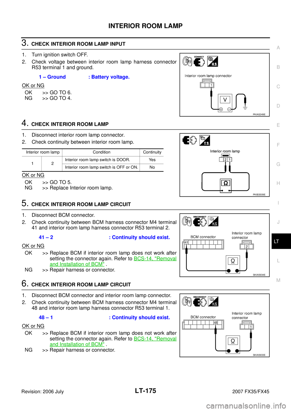 INFINITI FX35 2007  Service Manual INTERIOR ROOM LAMP LT-175
C 
D  E 
F 
G  H 
I 
J 
L 
M  A 
B
LT 
Revision: 2006 July  2007 FX35/FX45
3. CHECK INTERIOR ROOM LAMP INPUT  
1. Turn ignition switch OFF. 
2. Check voltage between interior