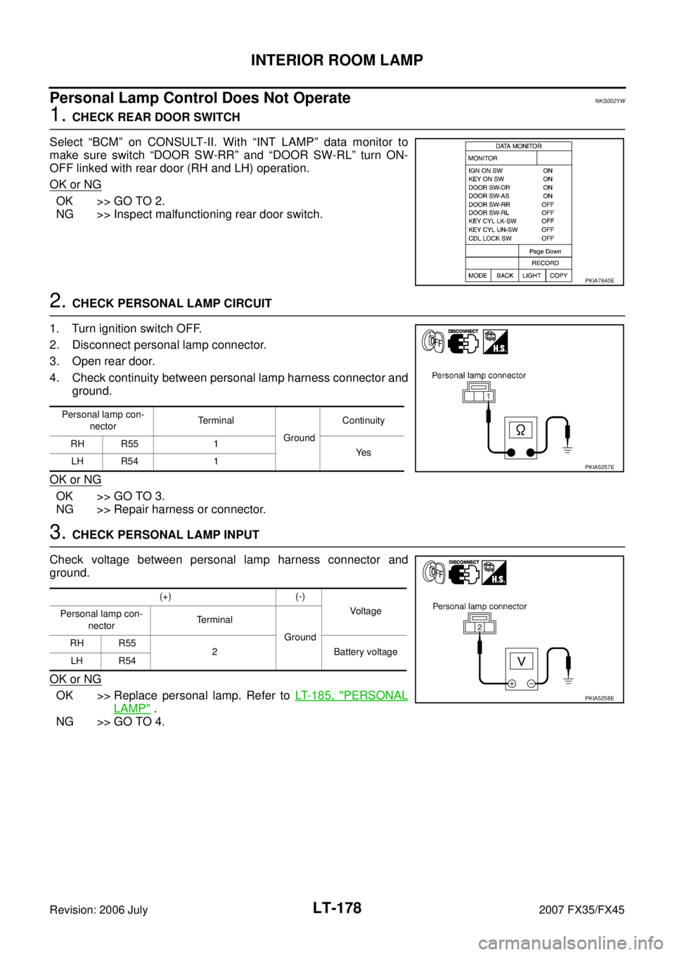 INFINITI FX35 2007  Service Manual LT-178
INTERIOR ROOM LAMP
Revision: 2006 July 2007 FX35/FX45
Personal Lamp Control Does Not OperateNKS002YW
1. CHECK REAR DOOR SWITCH 
Select “BCM” on CONSULT-II. With “INT LAMP” data monitor 