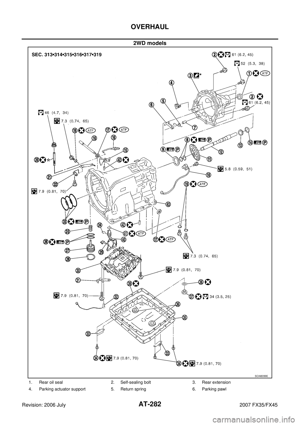 INFINITI FX35 2007  Service Manual AT-282
OVERHAUL
Revision: 2006 July 2007 FX35/FX45
2WD models
SCIA8099E
1. Rear oil seal 2. Self-sealing bolt 3. Rear extension 
4. Parking actuator support 5. Return spring 6. Parking pawl 