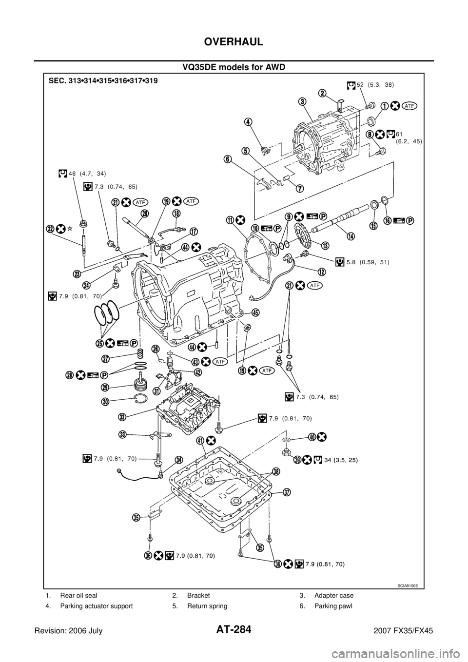 INFINITI FX35 2007  Service Manual AT-284
OVERHAUL
Revision: 2006 July 2007 FX35/FX45
VQ35DE models for AWD
SCIA8100E
1. Rear oil seal 2. Bracket 3. Adapter case 
4. Parking actuator support 5. Return spring 6. Parking pawl 