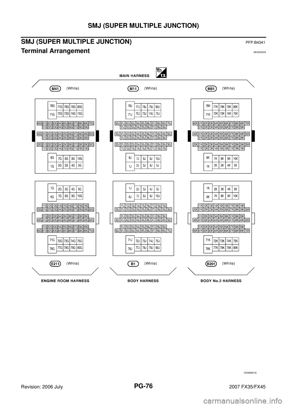 INFINITI FX35 2007  Service Manual PG-76
SMJ (SUPER MULTIPLE JUNCTION)
Revision: 2006 July 2007 FX35/FX45
SMJ (SUPER MULTIPLE JUNCTION)PFP:B4341
Terminal ArrangementNKS003GS
CKIM0651E 