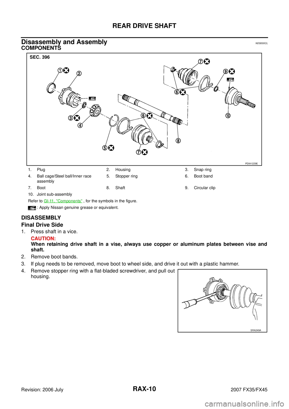 INFINITI FX35 2007 Workshop Manual RAX-10
REAR DRIVE SHAFT
Revision: 2006 July 2007 FX35/FX45
Disassembly and AssemblyNDS000CL
COMPONENTS 
DISASSEMBLY 
Final Drive Side
1. Press shaft in a vice. 
CAUTION: 
When retaining drive shaft in