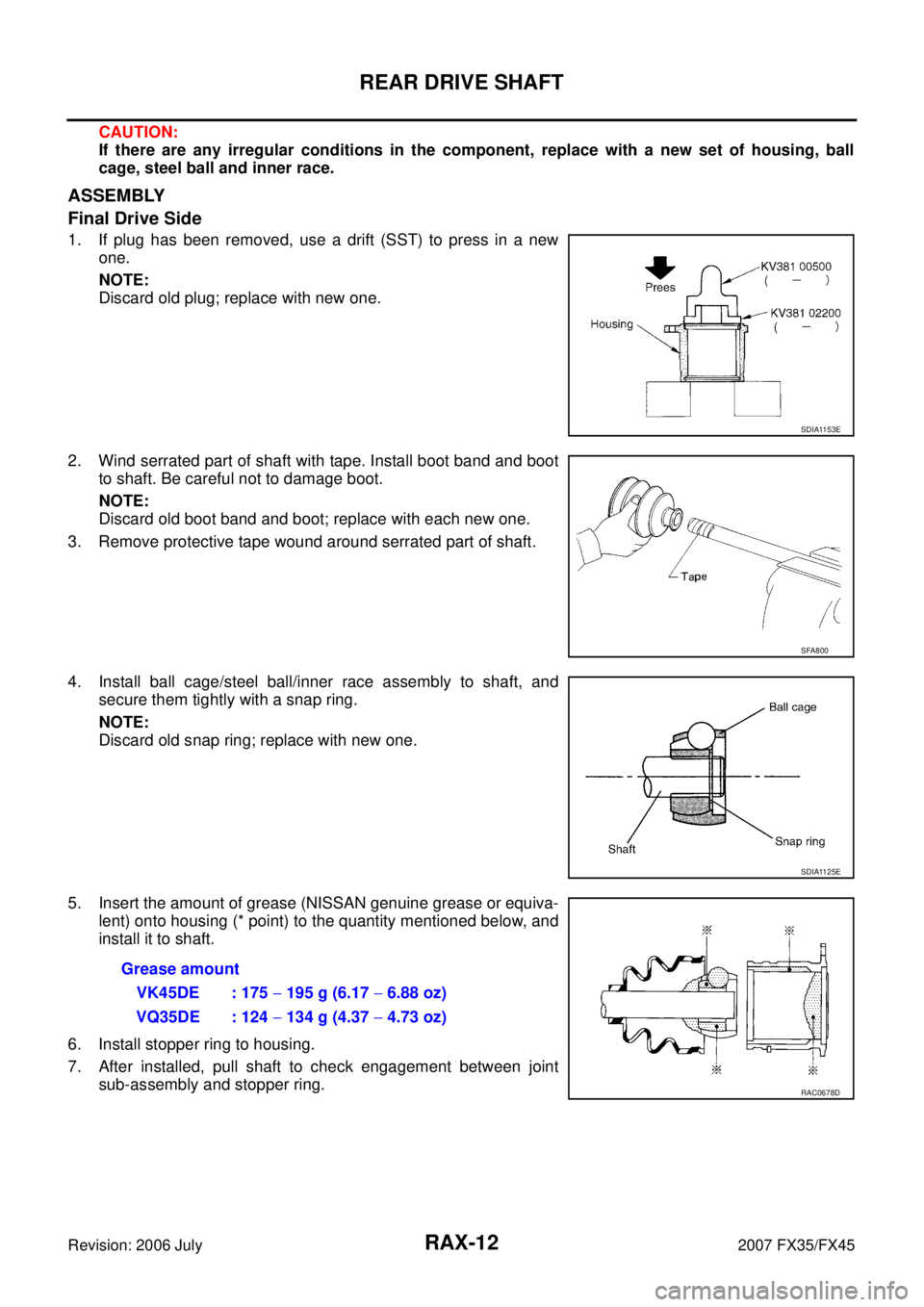 INFINITI FX35 2007 Workshop Manual RAX-12
REAR DRIVE SHAFT
Revision: 2006 July 2007 FX35/FX45
CAUTION: 
If there are any irregular conditions in the component, replace with a new set of housing, ball
cage, steel ball and inner race.
AS
