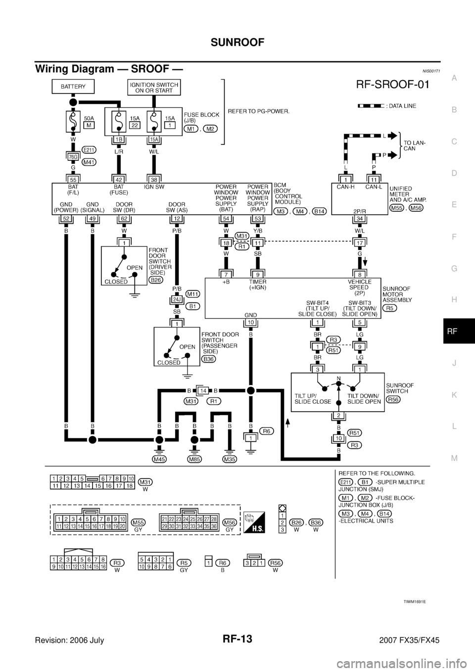 INFINITI FX35 2007  Service Manual SUNROOF RF-13
C 
D  E 
F 
G  H 
J 
K  L 
M  A 
B
RF 
Revision: 2006 July  2007 FX35/FX45
Wiring Diagram — SROOF —NIS001T1
TIWM1691E 