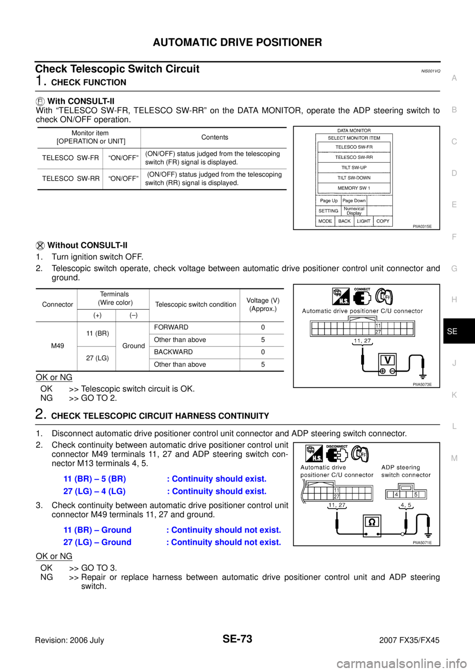 INFINITI FX35 2007 Service Manual AUTOMATIC DRIVE POSITIONER SE-73
C
D E
F
G H
J
K L
M A
B
SE
Revision: 2006 July 2007 FX35/FX45
Check Telescopic Switch CircuitNIS001VQ
1. CHECK FUNCTION
With CONSULT-II
With “TELESCO INFINITI FX35 2007 Service Manual AUTOMATIC DRIVE POSITIONER SE-73
C
D E
F
G H
J
K L
M A
B
SE
Revision: 2006 July 2007 FX35/FX45
Check Telescopic Switch CircuitNIS001VQ
1. CHECK FUNCTION
With CONSULT-II
With “TELESCO