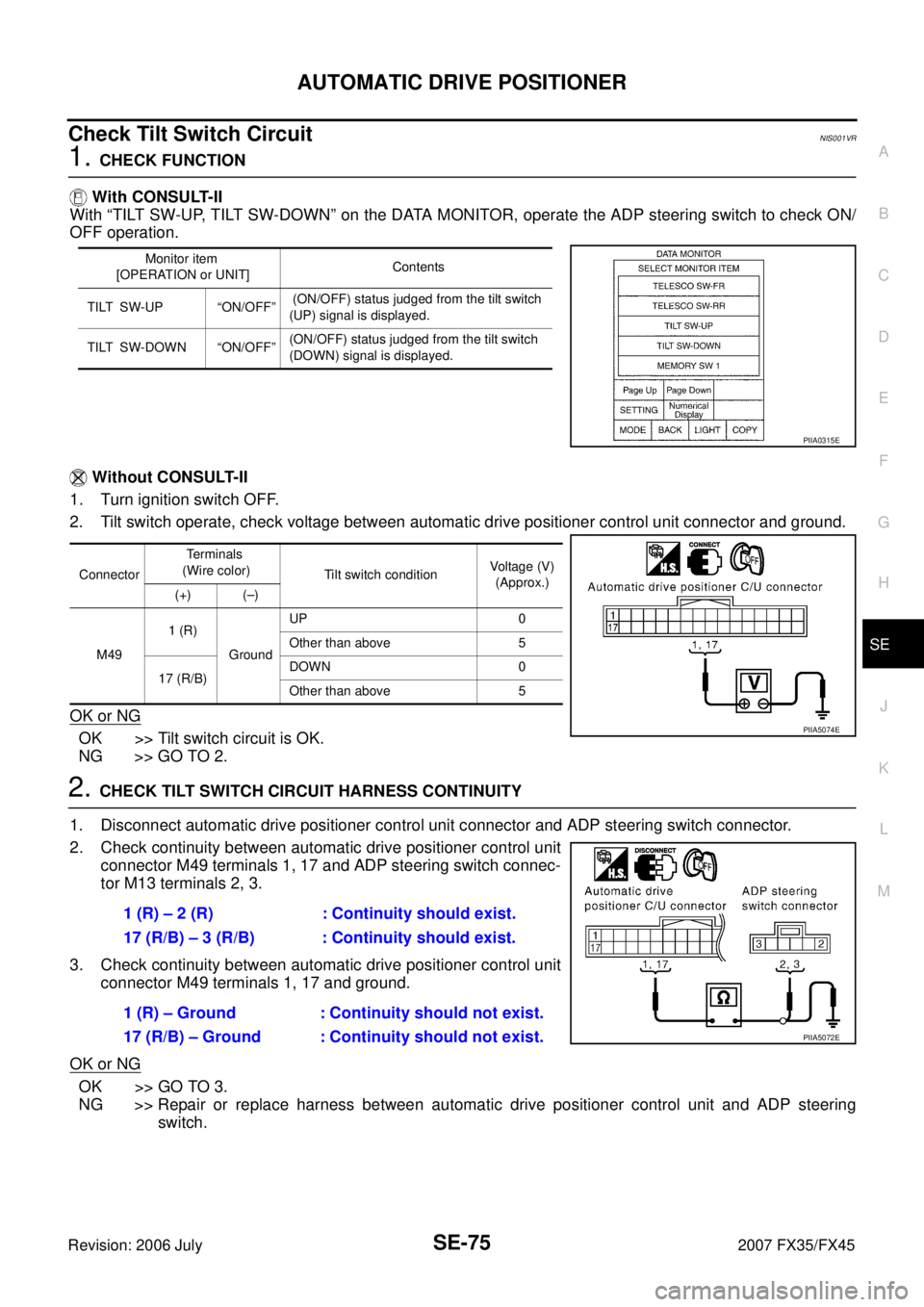 INFINITI FX35 2007  Service Manual AUTOMATIC DRIVE POSITIONER SE-75
C 
D  E 
F 
G  H 
J 
K  L 
M  A 
B
SE 
Revision: 2006 July  2007 FX35/FX45
Check Tilt Switch CircuitNIS001VR
1. CHECK FUNCTION 
 With CONSULT-II 
With “TILT SW-UP, T