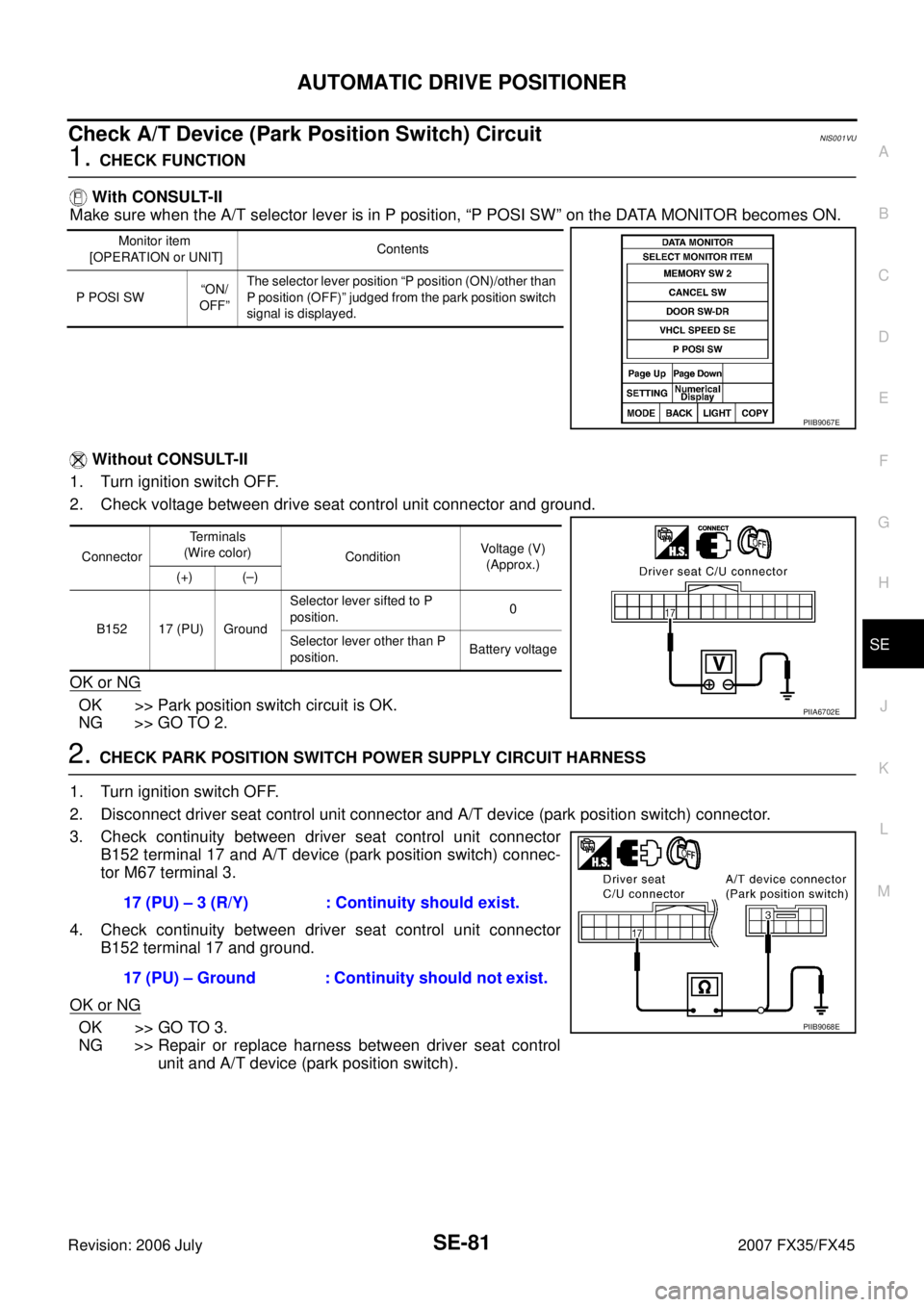 INFINITI FX35 2007  Service Manual AUTOMATIC DRIVE POSITIONER SE-81
C 
D  E 
F 
G  H 
J 
K  L 
M  A 
B
SE 
Revision: 2006 July  2007 FX35/FX45
Check A/T Device (Park Position Switch) CircuitNIS001VU
1. CHECK FUNCTION 
 With CONSULT-II 