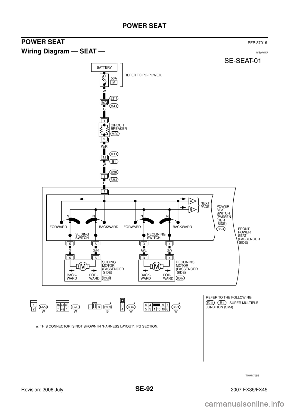 INFINITI FX35 2007  Service Manual SE-92
POWER SEAT
Revision: 2006 July 2007 FX35/FX45
POWER SEATPFP:87016
Wiring Diagram — SEAT —NIS001W3
TIWM1705E 