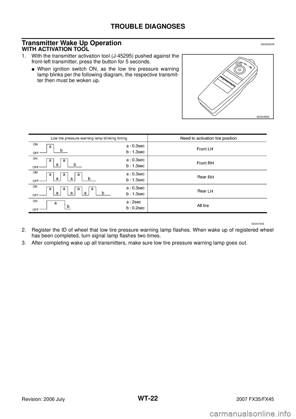 INFINITI FX35 2007  Service Manual WT-22
TROUBLE DIAGNOSES
Revision: 2006 July 2007 FX35/FX45
Transmitter Wake Up OperationNES000GW
WITH ACTIVATION TOOL
1. With the transmitter activation tool (J-45295) pushed against the 
front-left t