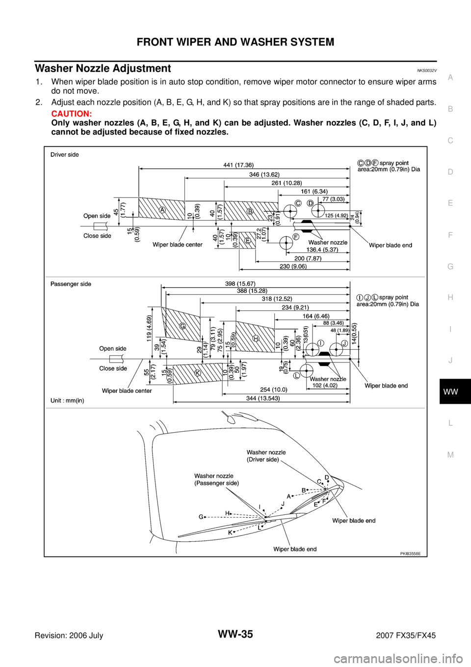 INFINITI FX35 2007  Service Manual FRONT WIPER AND WASHER SYSTEM WW-35
C 
D  E 
F 
G  H 
I 
J 
L 
M  A 
B
WW 
Revision: 2006 July  2007 FX35/FX45
Washer Nozzle AdjustmentNKS0032V
1. When wiper blade position is in auto stop condition, 